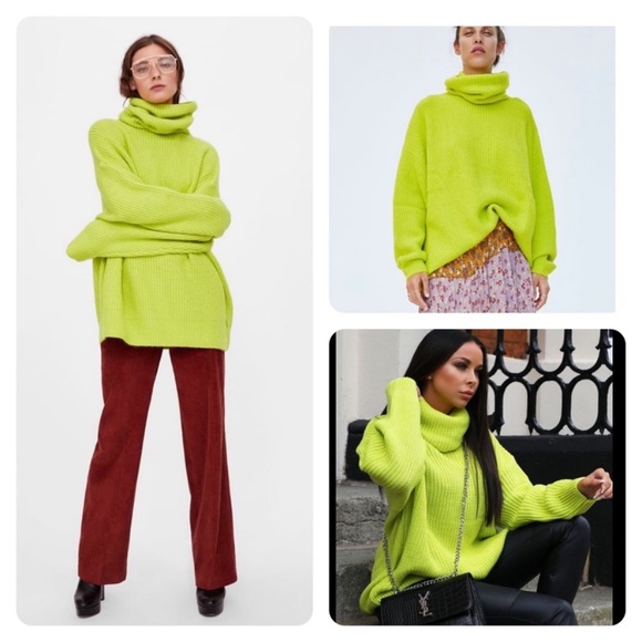 Neon green chunky knit sweater waffle neck size M - Picture 2 of 12